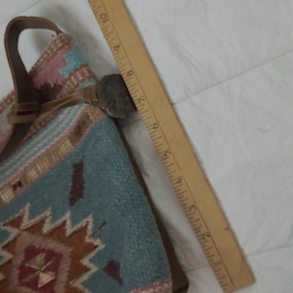 Catchfly Studio Aztec Rug Southwest Beaded Boho Aqua Brown Leather Crossbody Bag - Picture 11 of 12
